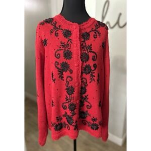 Vintage Segue Red Pullover Sweater With Floral Accent Christmas Style Size Large